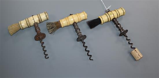 Three 19th century English Henshall type button steel corkscrews,